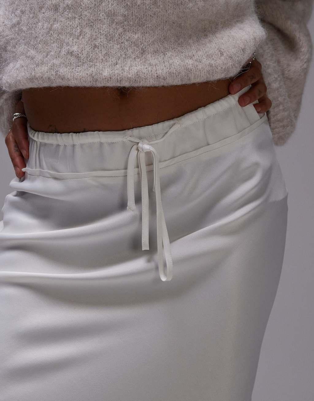 Topshop petite bias skirt with drawstring waist panel in ivory Product Image