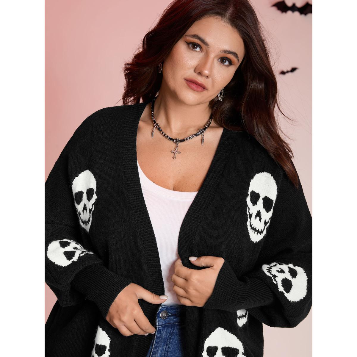 Plus Size Skull Print Batwing Sleeve Knit Cardigan Black Women Playful Loose Long Sleeve Casual Cardigans BloomChic 14-16/1X Product Image