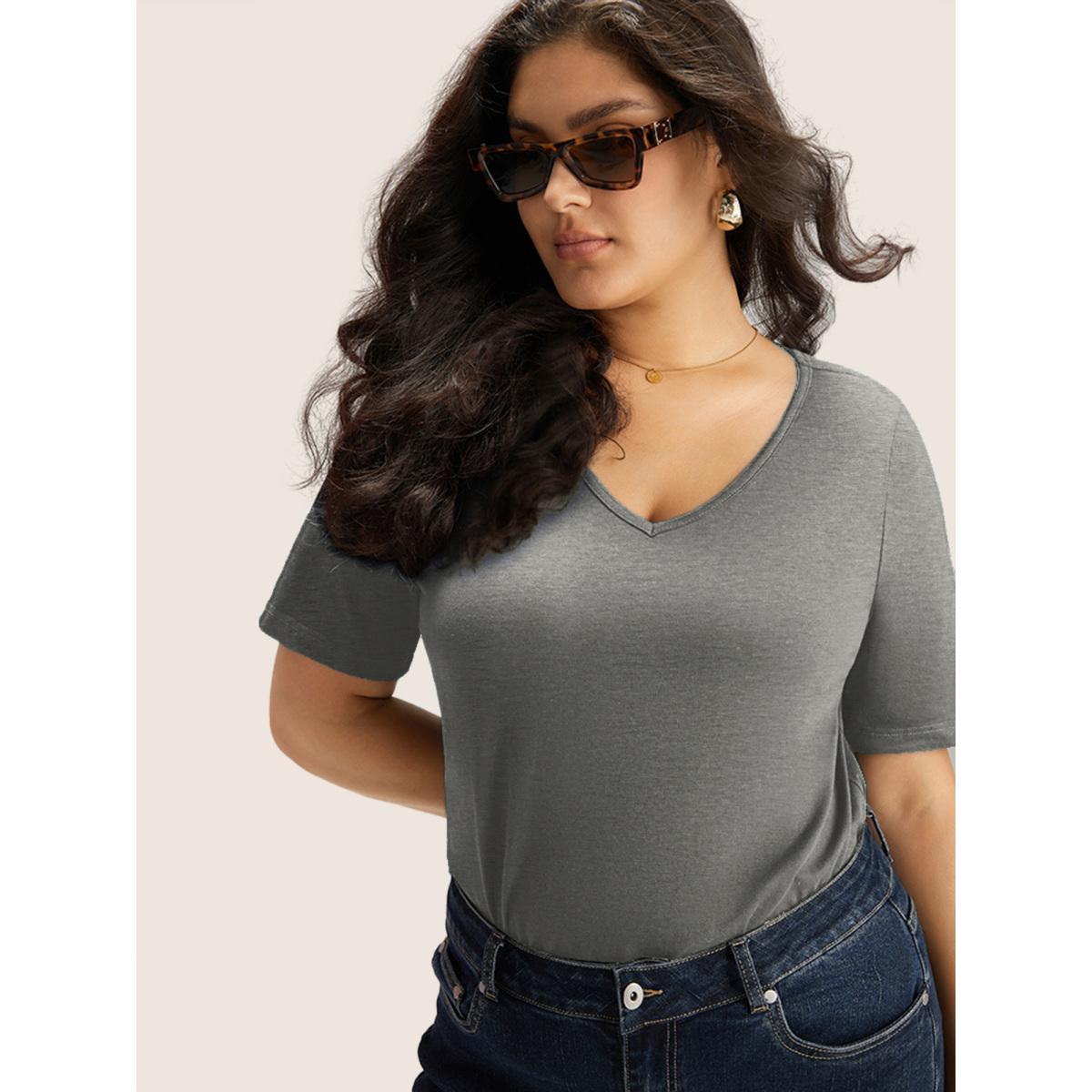 Plus Size Cotton V Neck Plain Basic T-shirt Mediumgray Women Leisure Non Plain V-neck Casual T-shirts BloomChic 22-24/3X Product Image