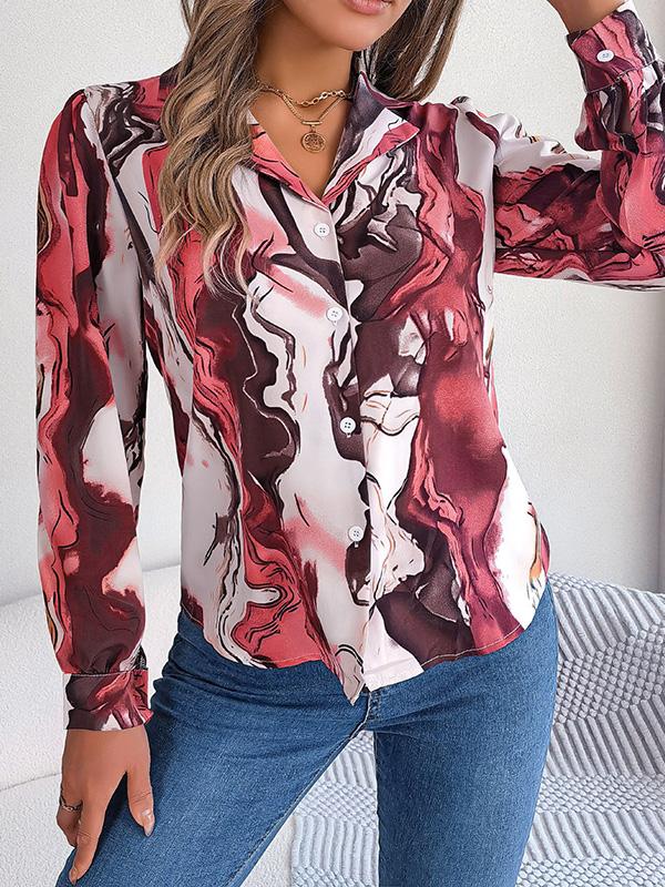 Long Sleeves Loose Buttoned Printed Notched Collar Blouses&Shirts Tops Product Image