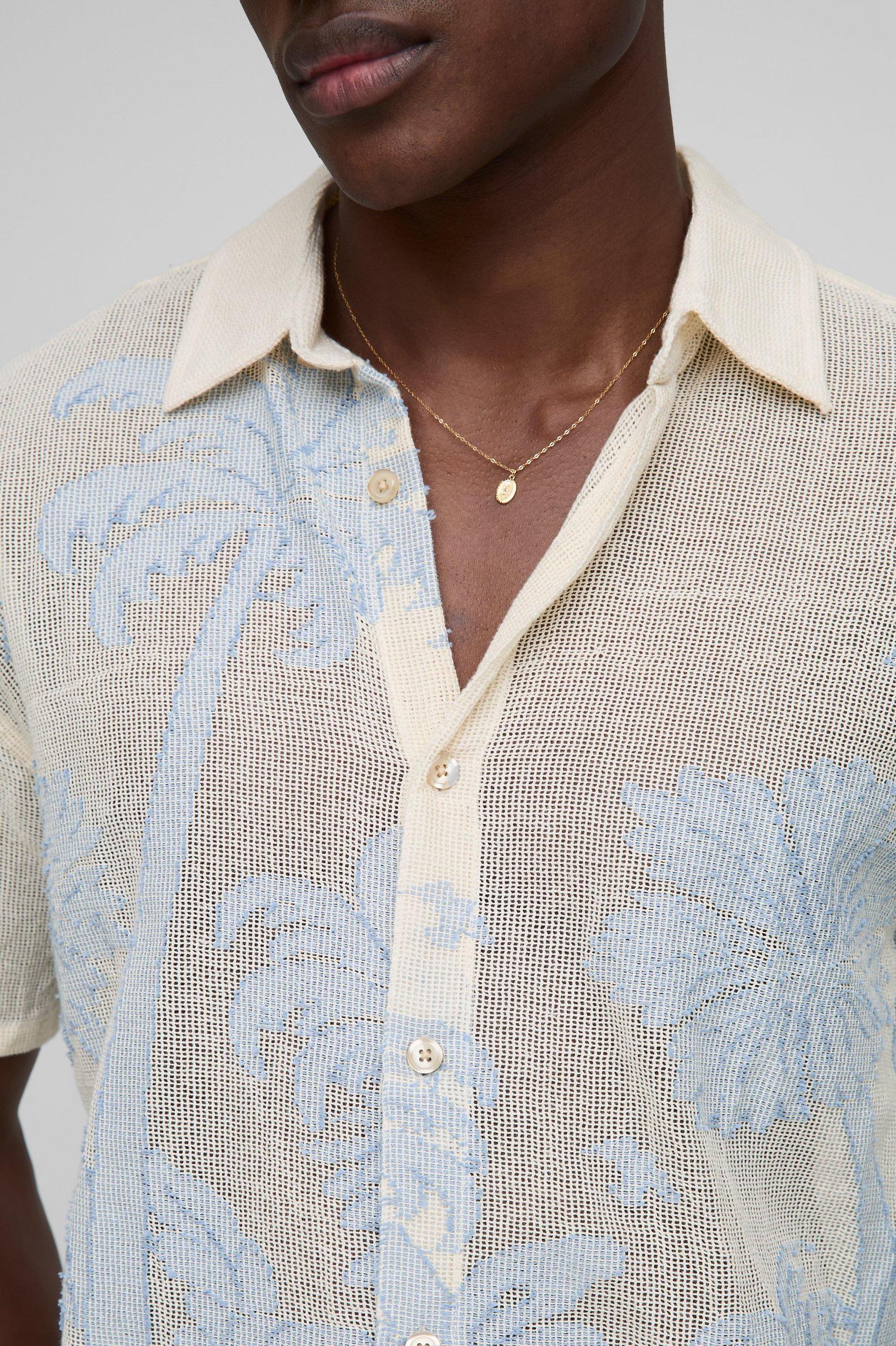 Oversized Open Weave Palm Tree Jacquard Shirt | boohooMAN USA Product Image