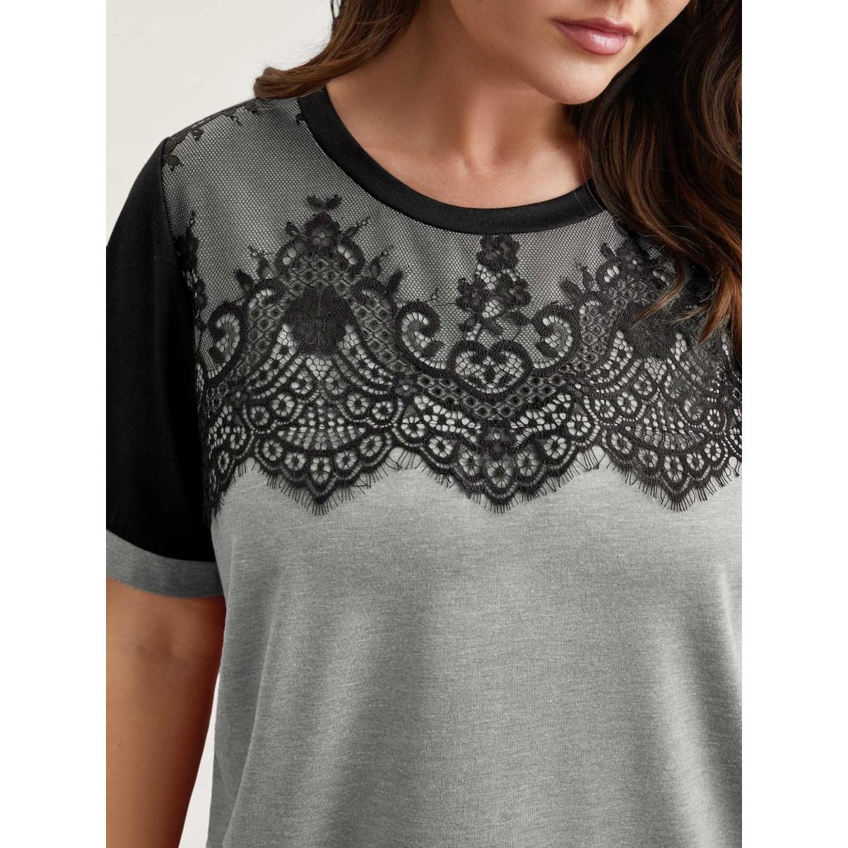 Plus Size Stretchy Scalloped Lace Color Contrast T-Shirt LightGray Women Timeless Contrast Round Neck Elegant T-shirts BloomChic 14-16/1X Product Image