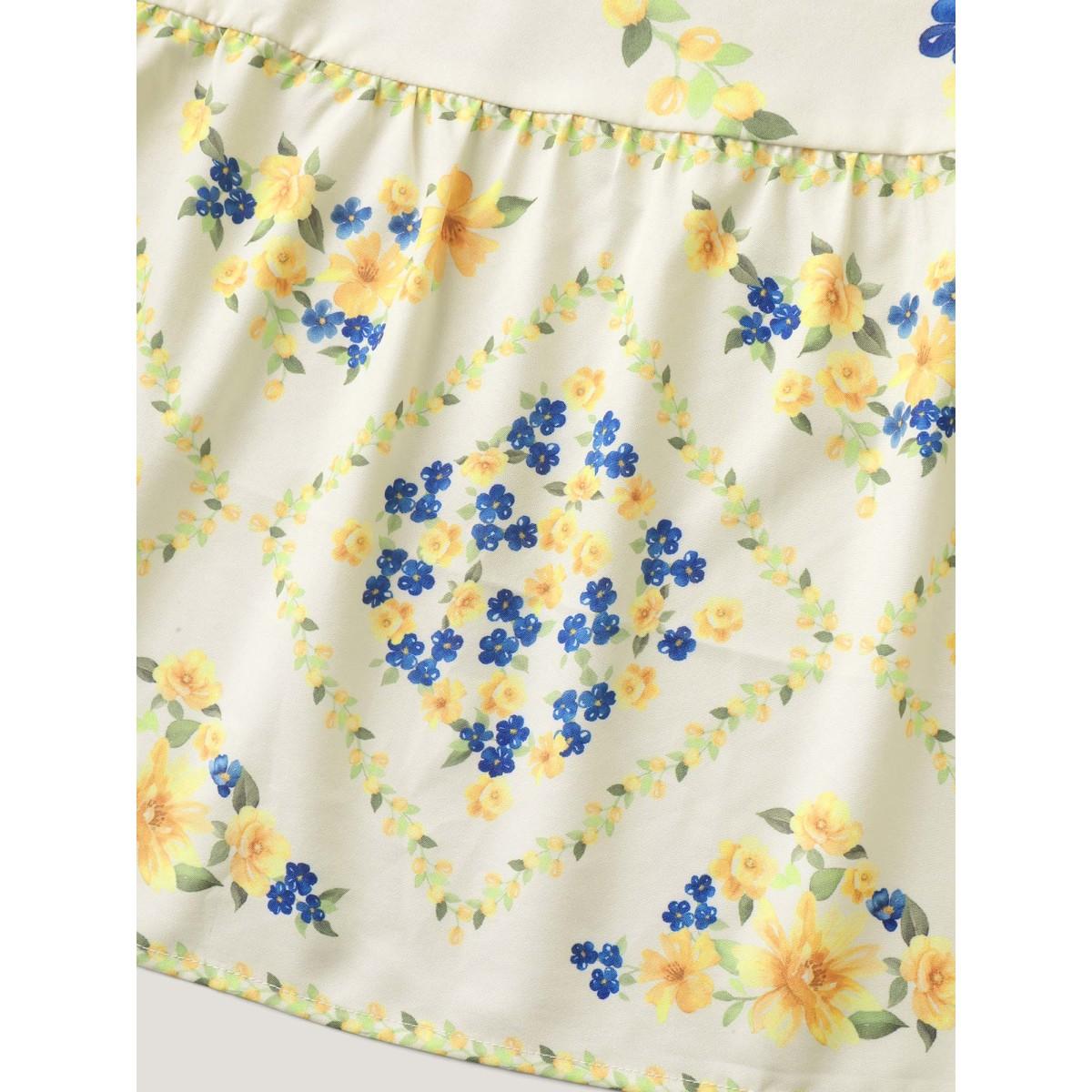 Plus Size Floral Fun Print Stretchy Waist Midi Dress Ivory Women Square Neck Short sleeve Curvy BloomChic 22-24/3X Product Image