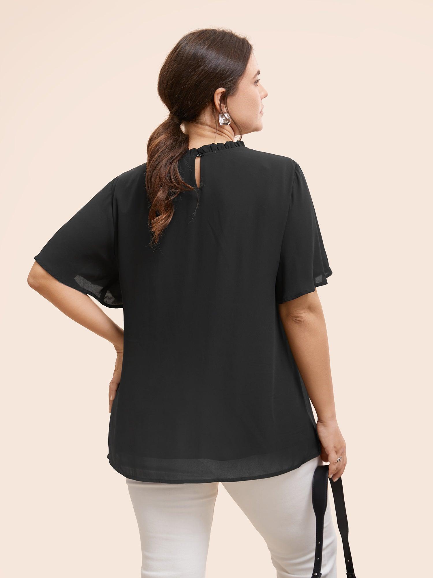 Anti-Wrinkle Shirred Ruffle Sleeve Mesh Frill Trim Blouse Female Product Image