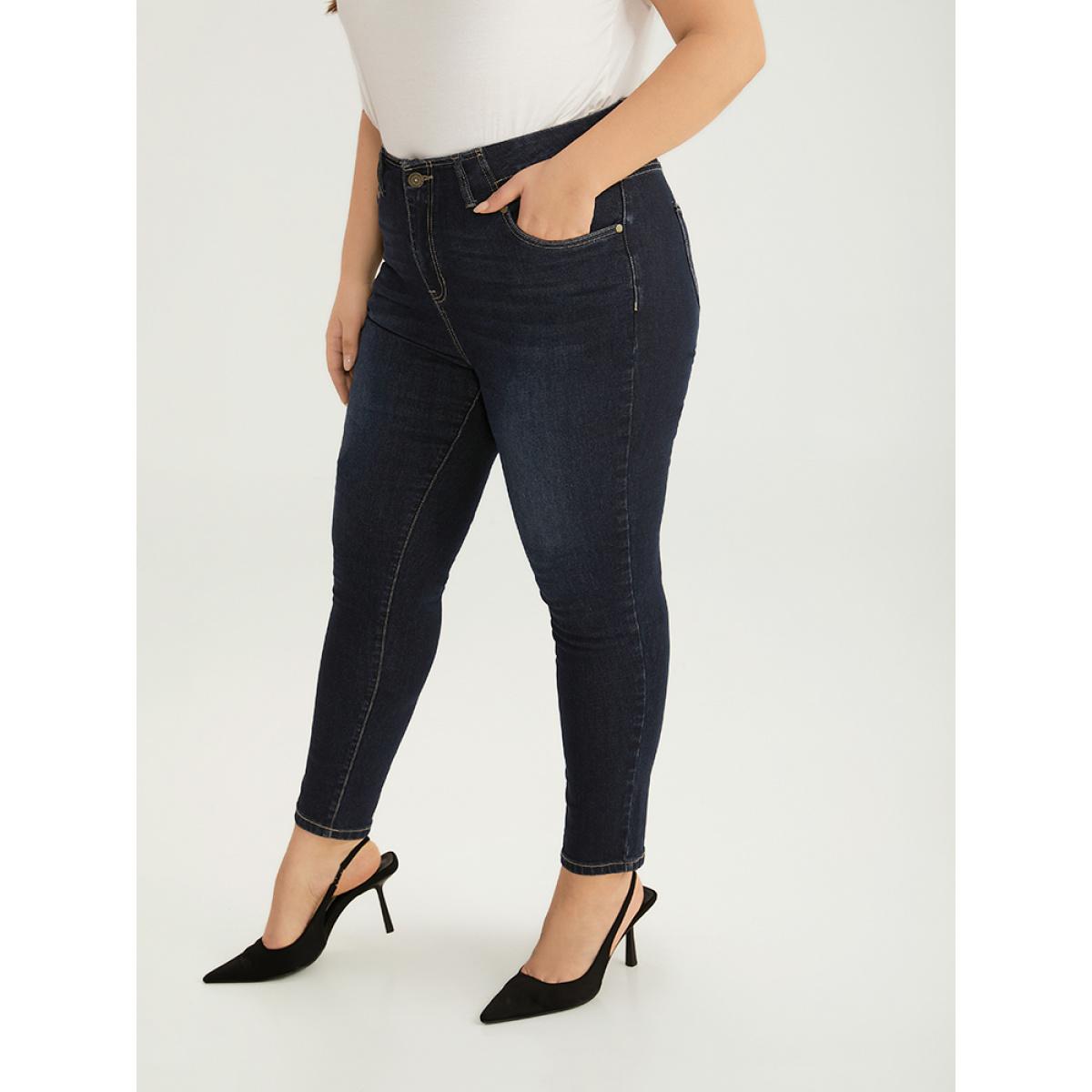 Plus Size Solid Stitch Very Stretchy Patchwork Waist Jeans Women Midnight Casual Plain Plain High stretch Pocket Jeans BloomChic 12/L Product Image