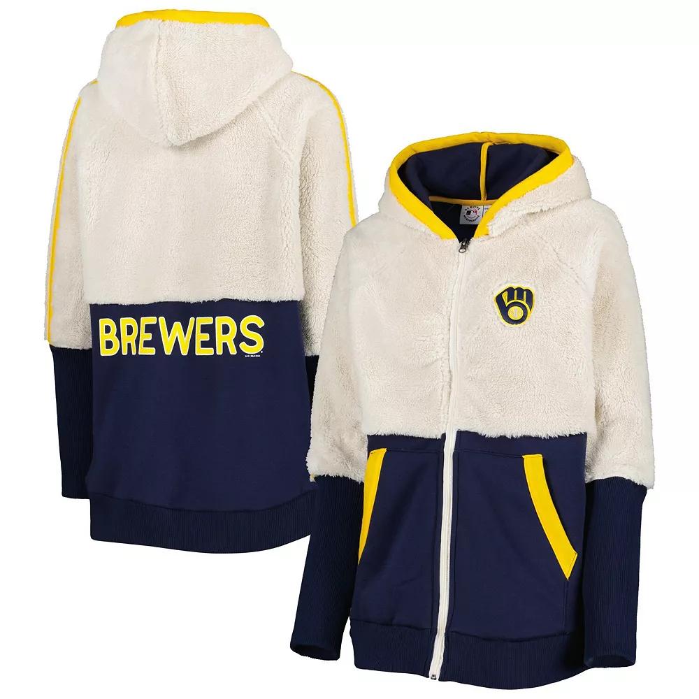 Women's G-III 4Her by Carl Banks Oatmeal/Navy Milwaukee Brewers Shuffle It Raglan Full-Zip Hoodie, Size: Medium, Team Product Image