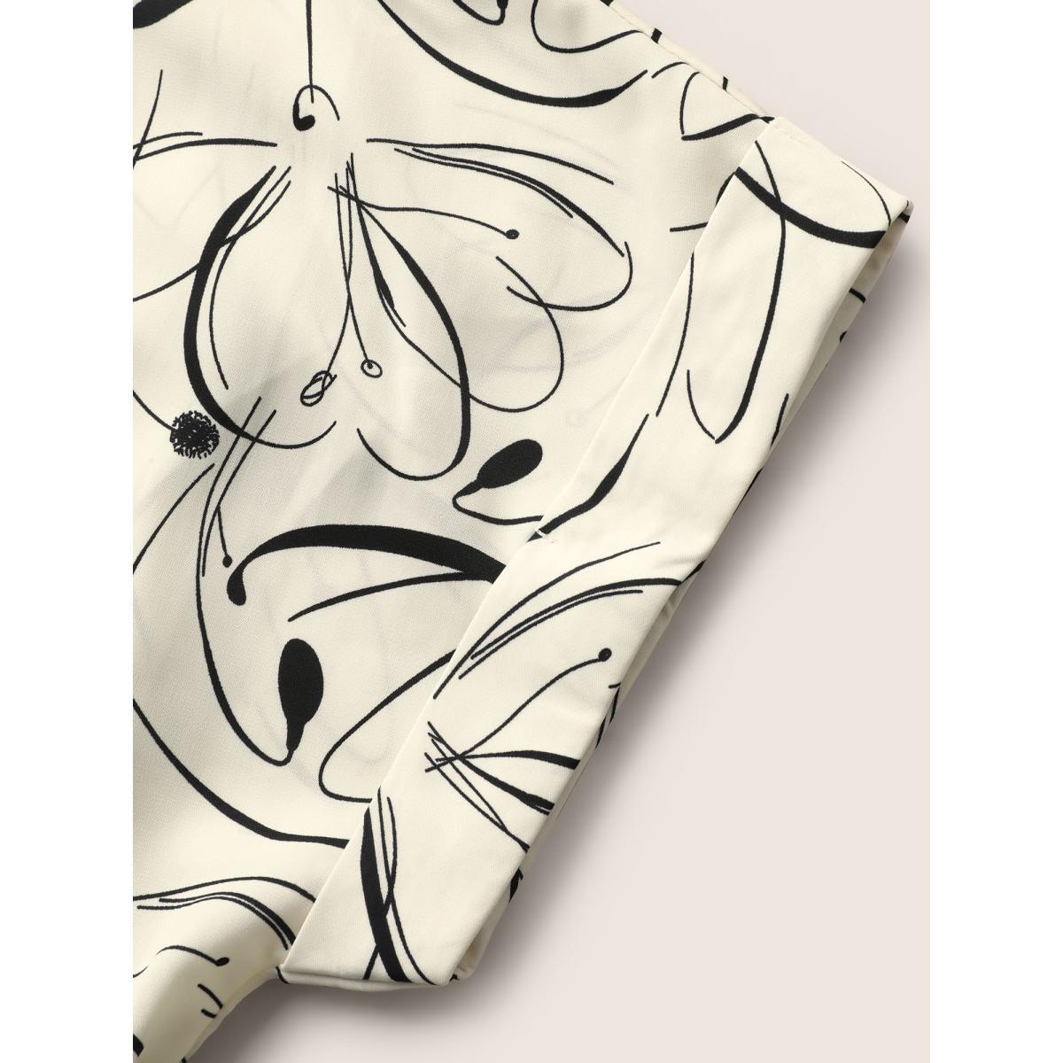 Plus Size Ivory Geometric Print Drawstring Cuffed Sleeve Blouse Women Work From Home Short sleeve V-neck Work Blouses BloomChic 12/L Product Image