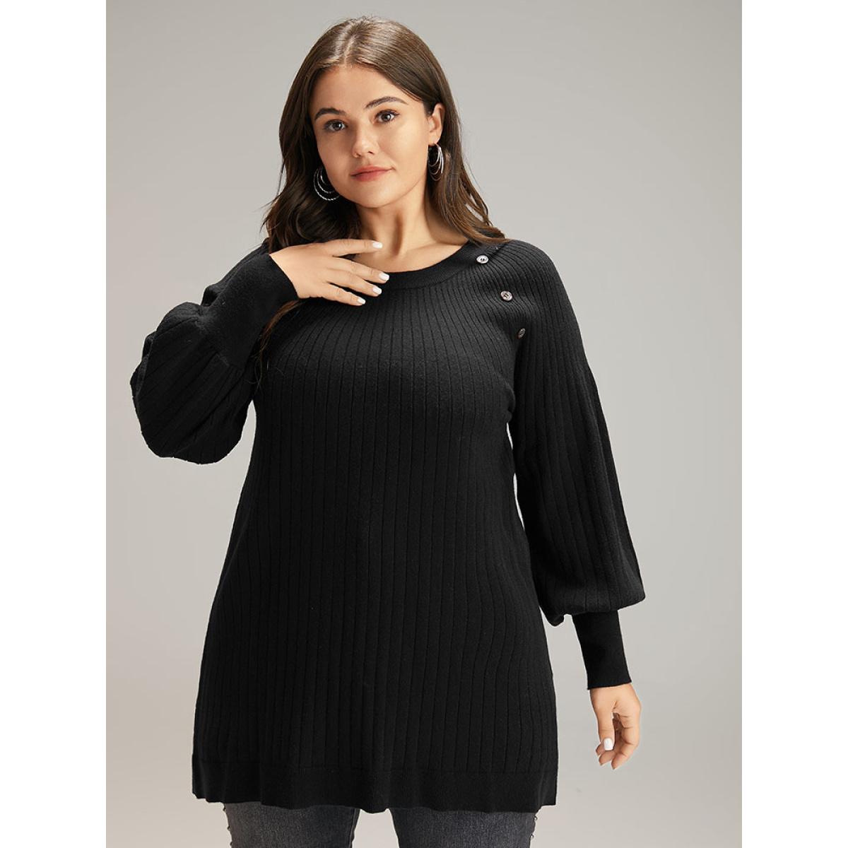 Plus Size Supersoft Essentials Anti-Pilling Button Detail Pullover Black Women Casual Loose Long Sleeve Round Neck Dailywear Pullovers BloomChic 30/6X Product Image