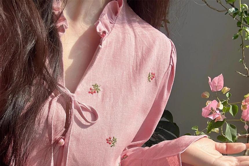 Pajama Set: Long-Sleeve Floral Embroidery Top + Pants Product Image