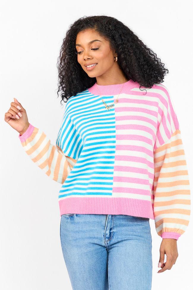 Delightful Days Blue, Pink, and Orange Multi Color Block Striped Sweater FINAL SALE Product Image