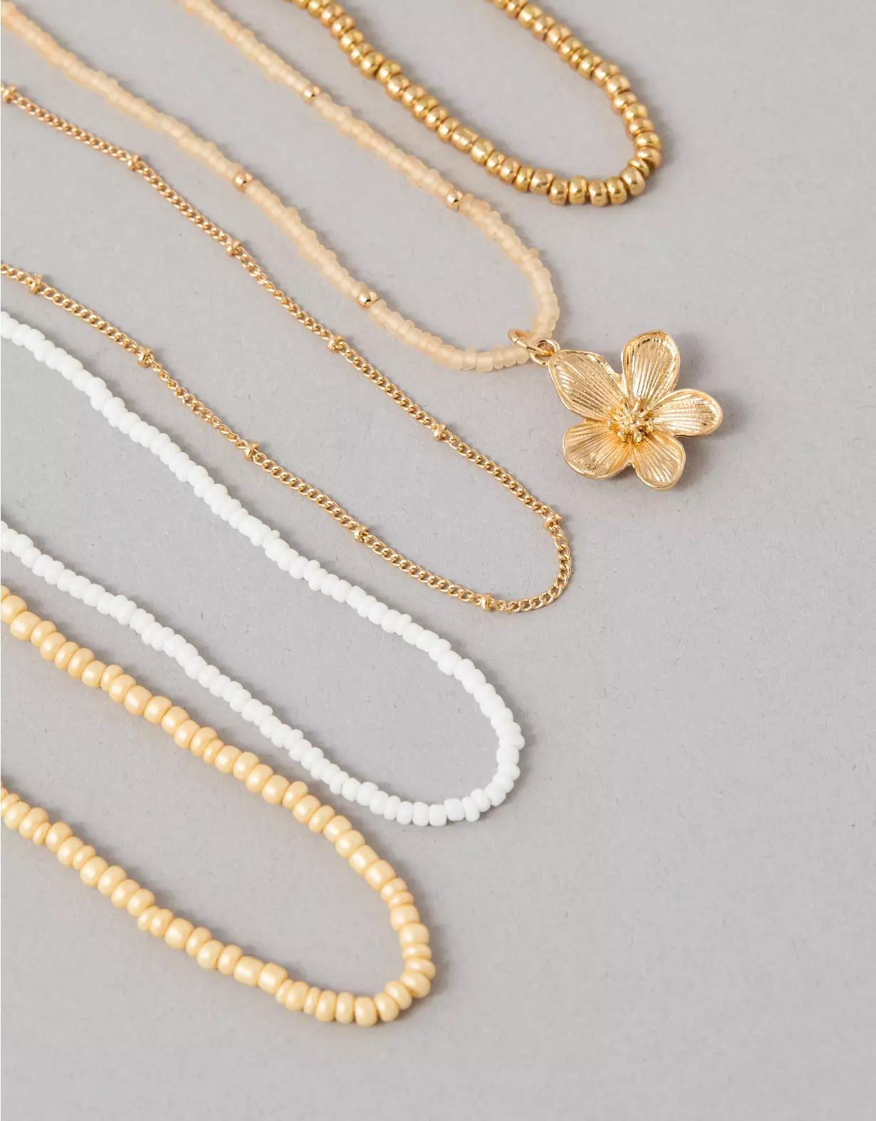 AEO Beaded Gold Toned Flower Necklace 5-Pack Product Image
