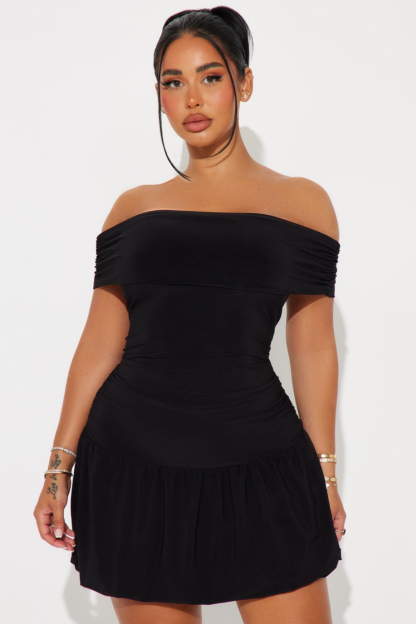 Wild One Off Shoulder Bubble Mini Dress - Black Product Image