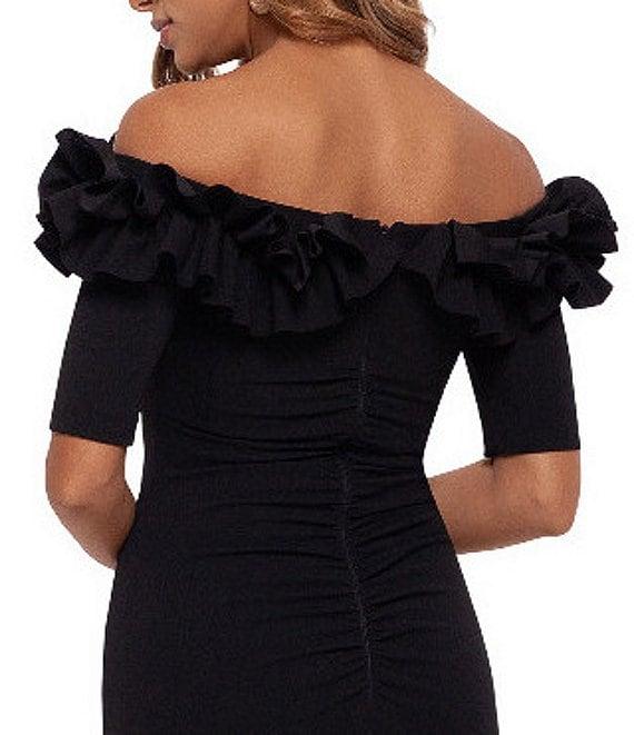 Xscape Ruffled Off-the-Shoulder Short Sleeve Crepe Sheath Gown Product Image