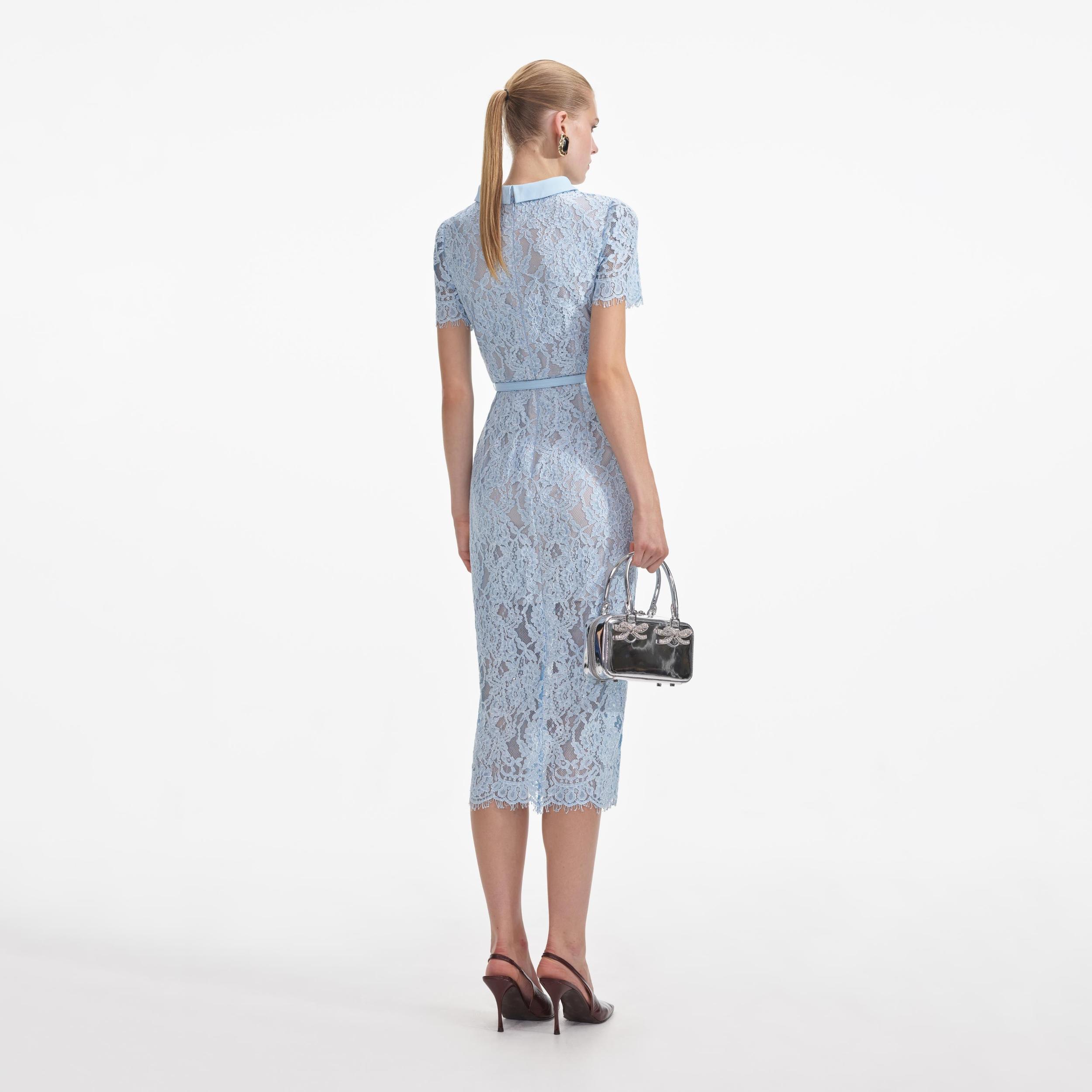Blue Lace Button Midi Dress Product Image