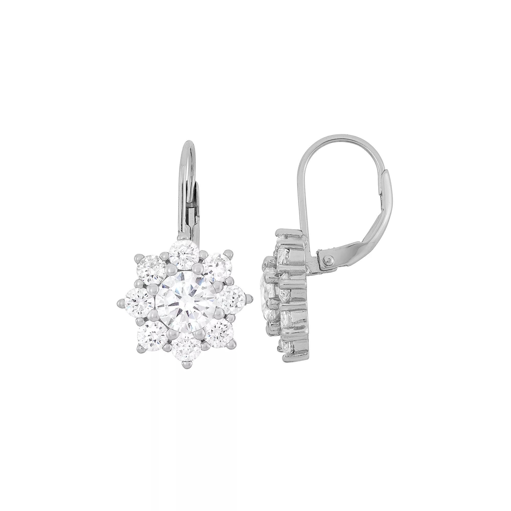 Cubic Zirconia Sterling Silver Flower Drop Earrings, Women's, White Product Image
