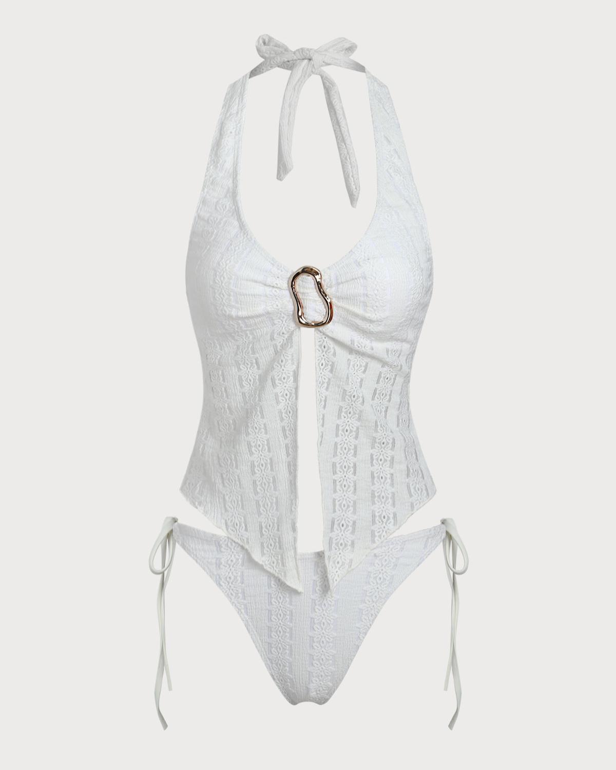 White Knitted Irregular Metal Slit Tankini Swimsuit Product Image