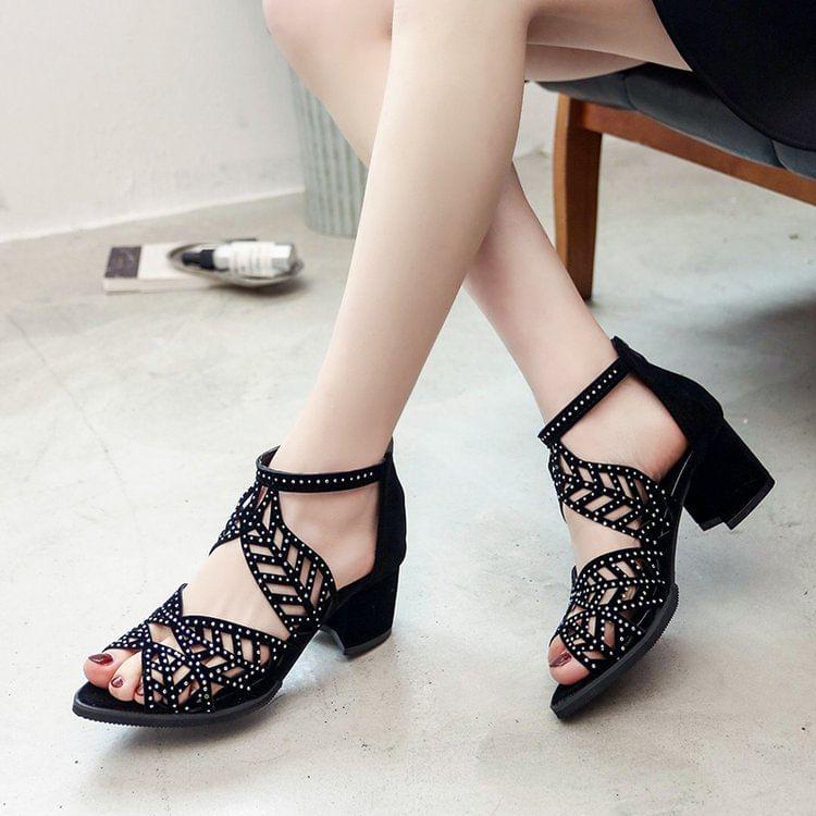 Rhinestone Faux Leather Block Heel Sandals Product Image