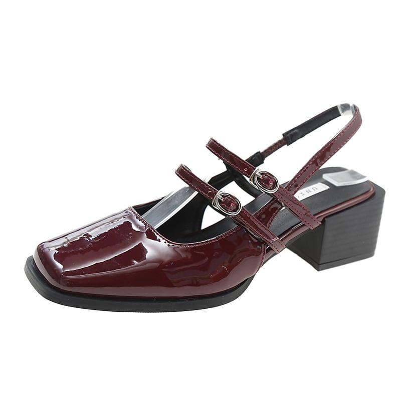Chunky Heel Square Toe Plain Buckled Slingback Mary Jane Sandals Product Image