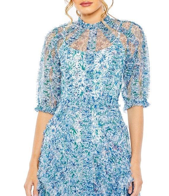 Mac Duggal Floral Print Chiffon Short Puffed Sleeve High Neck Midi Dress Product Image