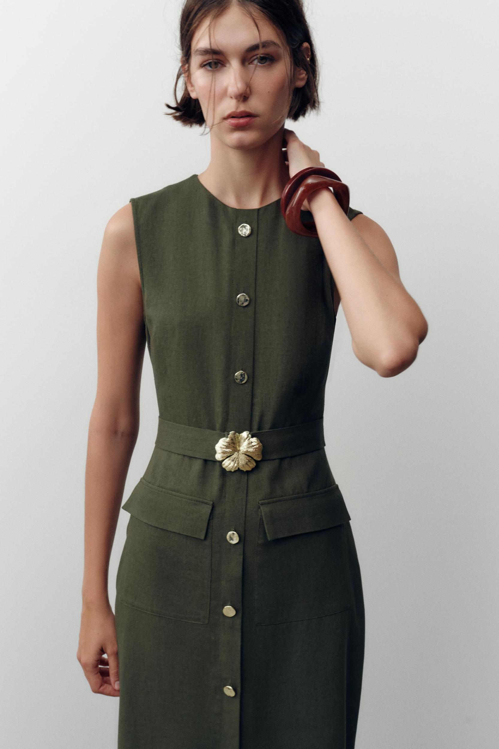 LINEN BELTED MIDI DRESS Product Image