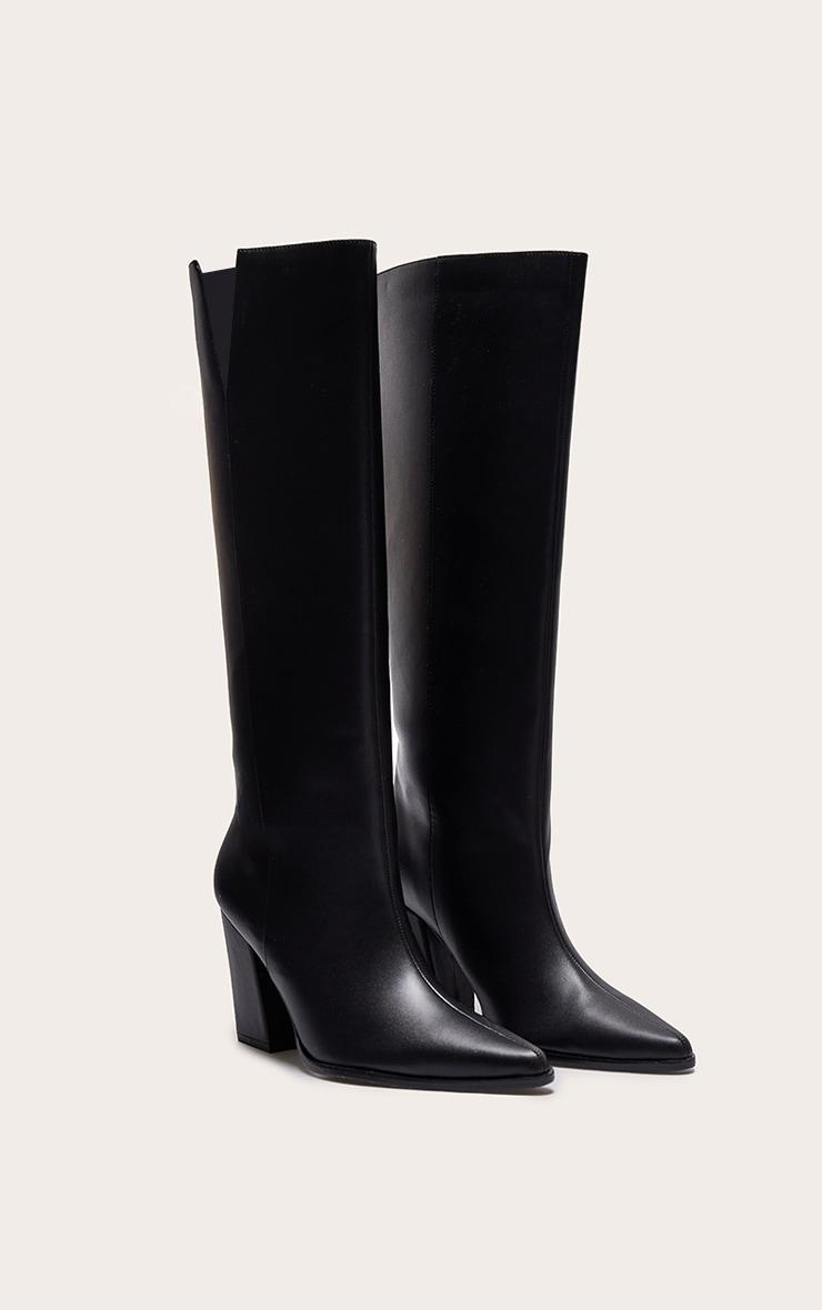 Black PU Point Toe Block Heeled Knee High Boot Product Image