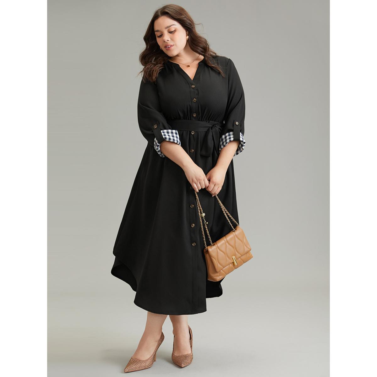 Plus Size Gingham Notched Belted Curved Hem Tab Sleeve Dress Black Women Office Plain Notched collar Long Sleeve Curvy Midi Dress BloomChic 26/4X Product Image