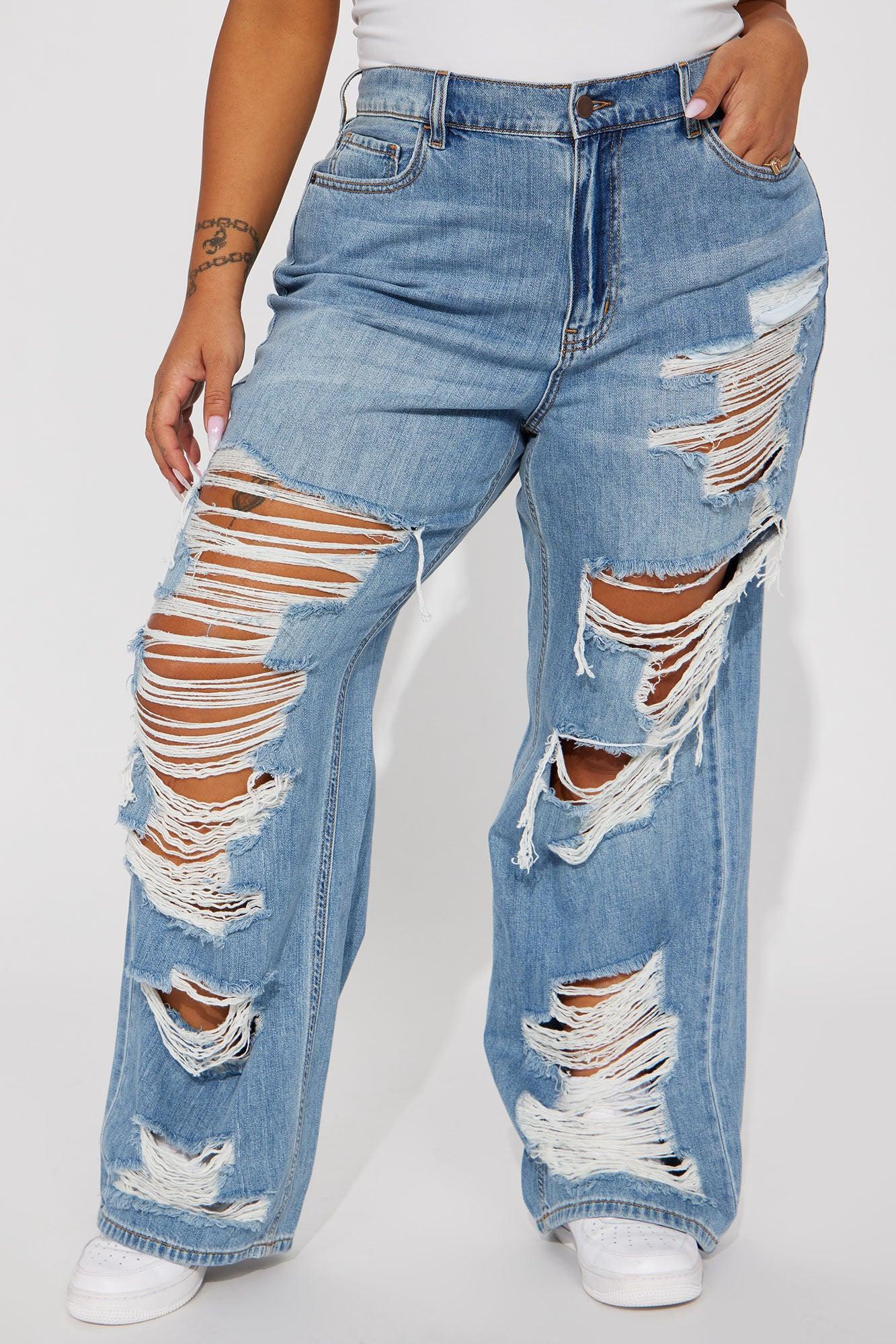 Sydney Shredded Non Stretch Loose Jeans - Medium Wash Product Image