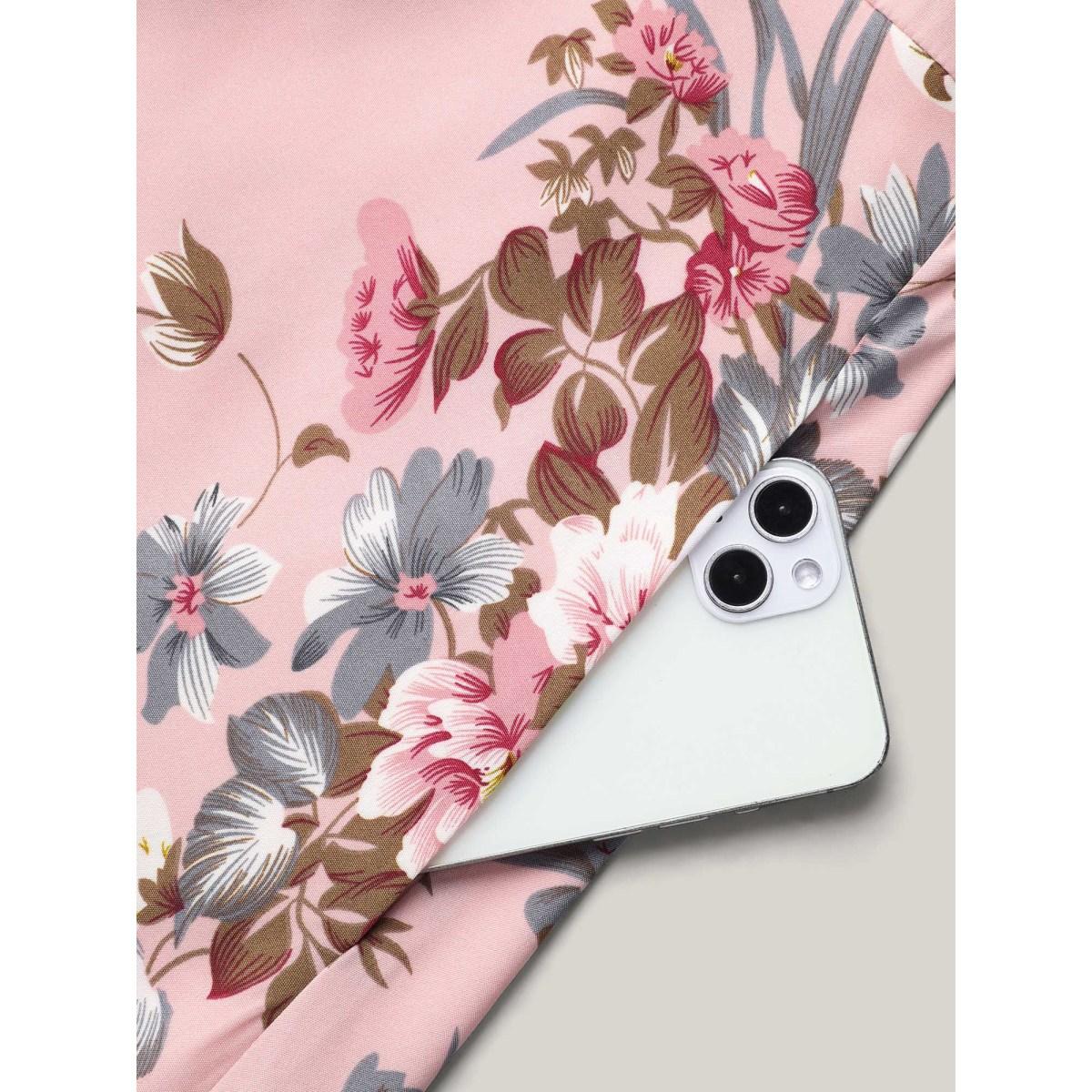 Plus Size Floral Print Spliced Waist Cinched Midi Dress MistyRose Women Romantic See through Round Neck Long Sleeve Curvy BloomChic 30/6X Product Image