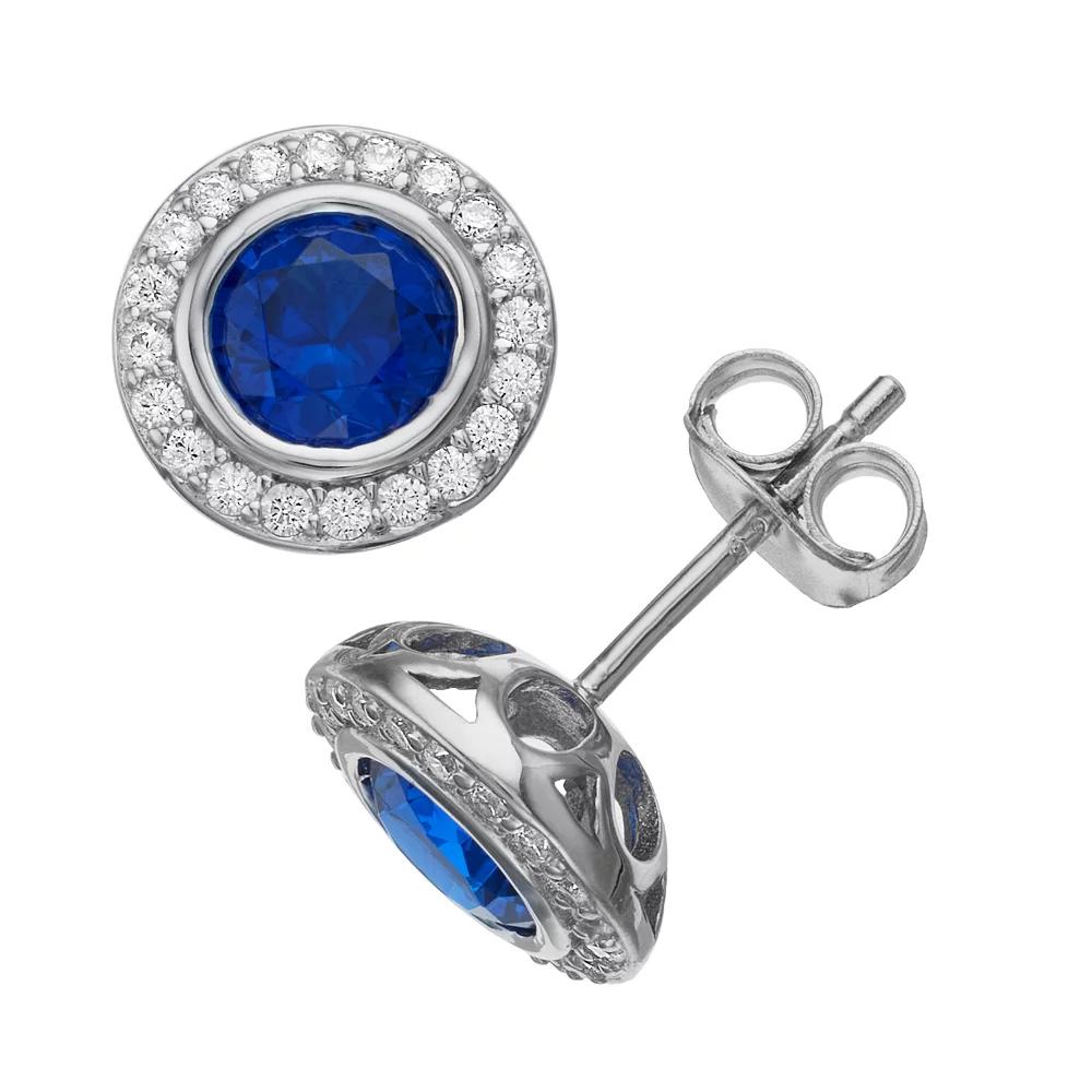 Rosabella Sterling Silver Blue & White Cubic Zirconia Halo Stud Earrings, Women's Product Image