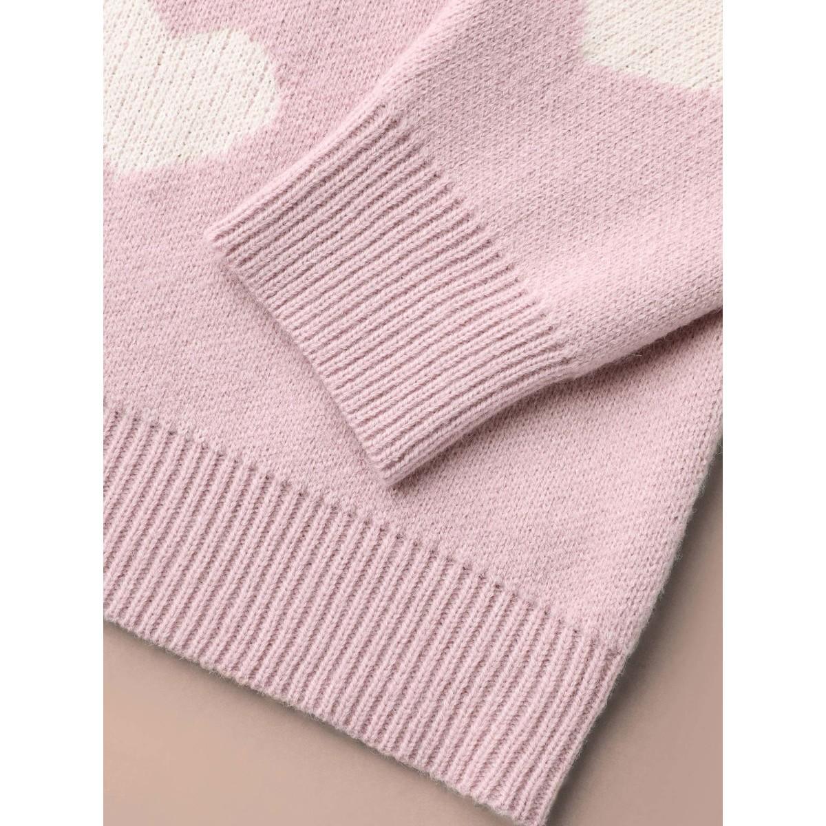 Plus Size Heart Jacquard Contrast Ribbed Hem Pullover Lightpink Women Casual Loose Long Sleeve Round Neck Everyday Pullovers BloomChic 10/M Product Image