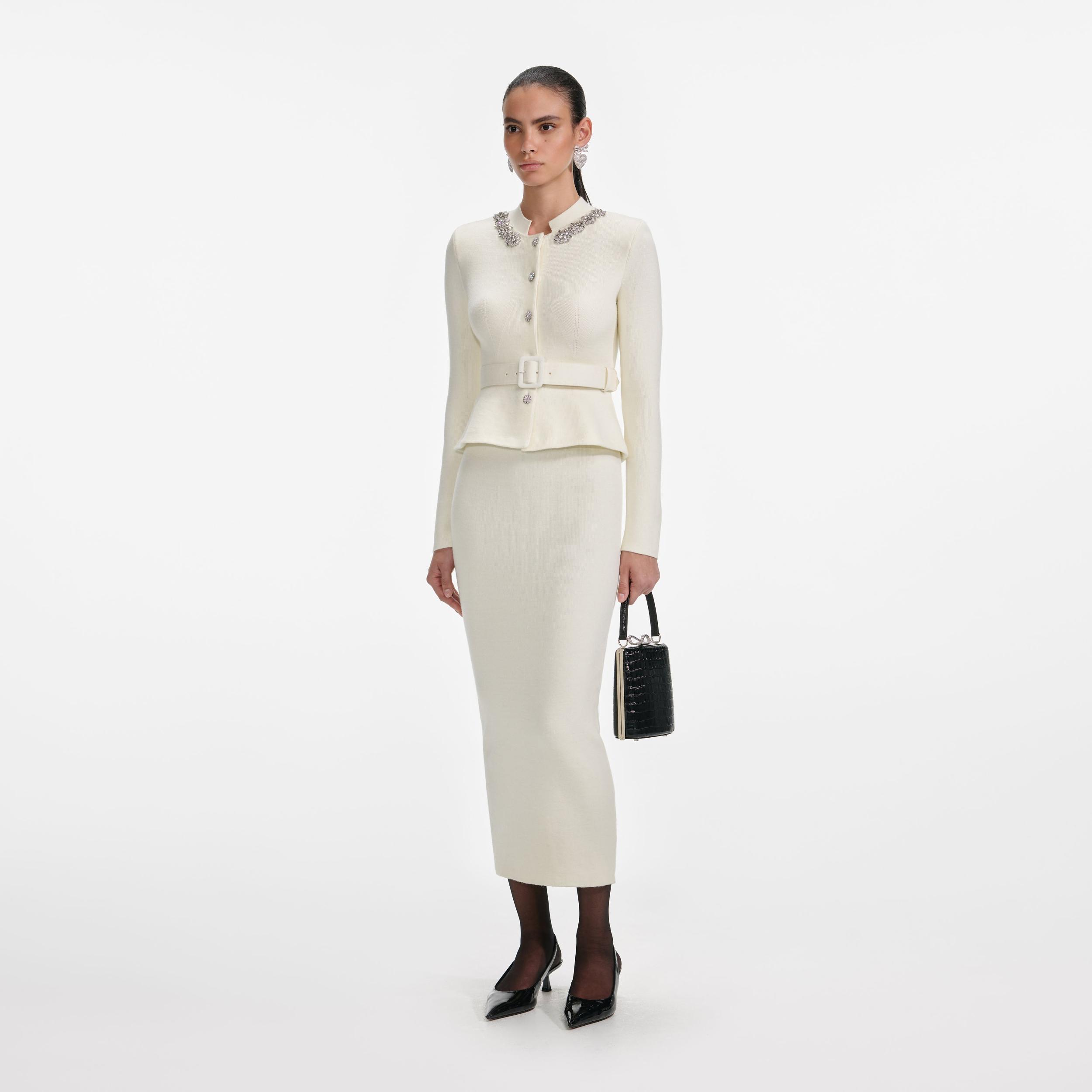Cream Wool Peplum Knit Midi Dress Product Image