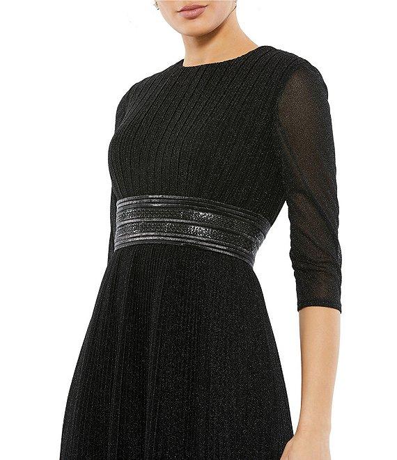 Mac Duggal Crew Neck 3/4 Sleeve Pleated A-Line Midi Dress Product Image