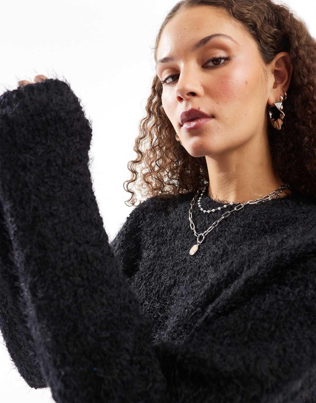 Noisy May crew neck fuzzy knit sweater in black Product Image