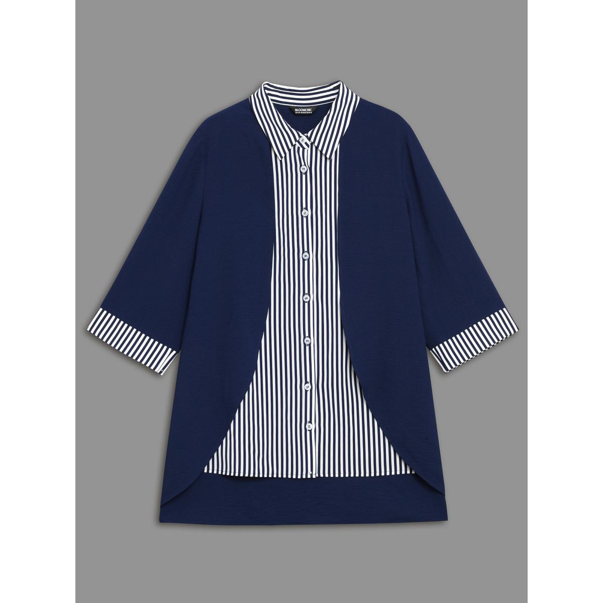Plus Size Indigo Shirt Collar Patchwork Striped Blouse Women Office Extra Long Sleeve Square Neck Office Blouses BloomChic 28/5X Product Image