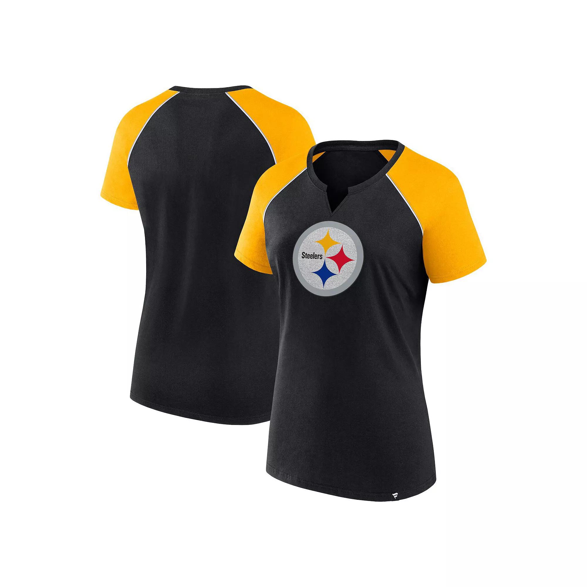 Women's Fanatics Black/Gold Pittsburgh Steelers Glittered Primary Raglan T-Shirt,  Product Image