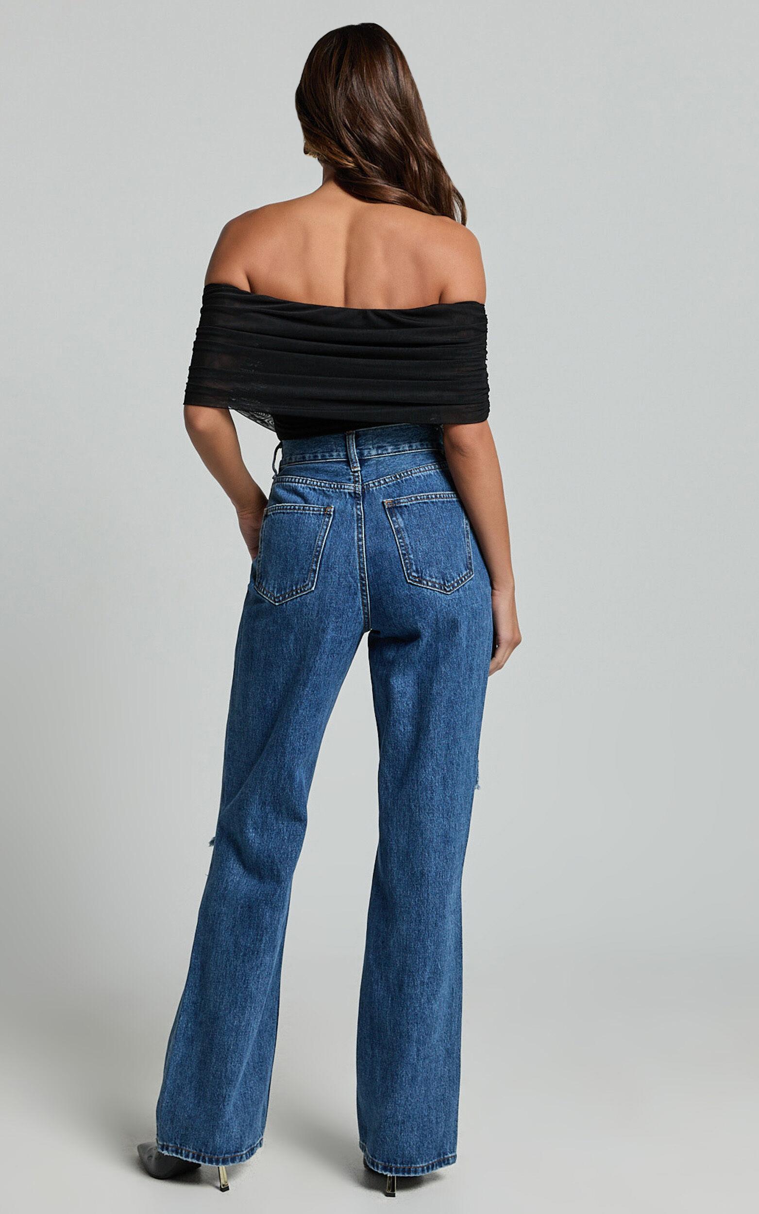 Miho Jeans - High Waisted Recycled Cotton Distressed Straight Leg Denim Jeans in Dark Blue Wash Product Image