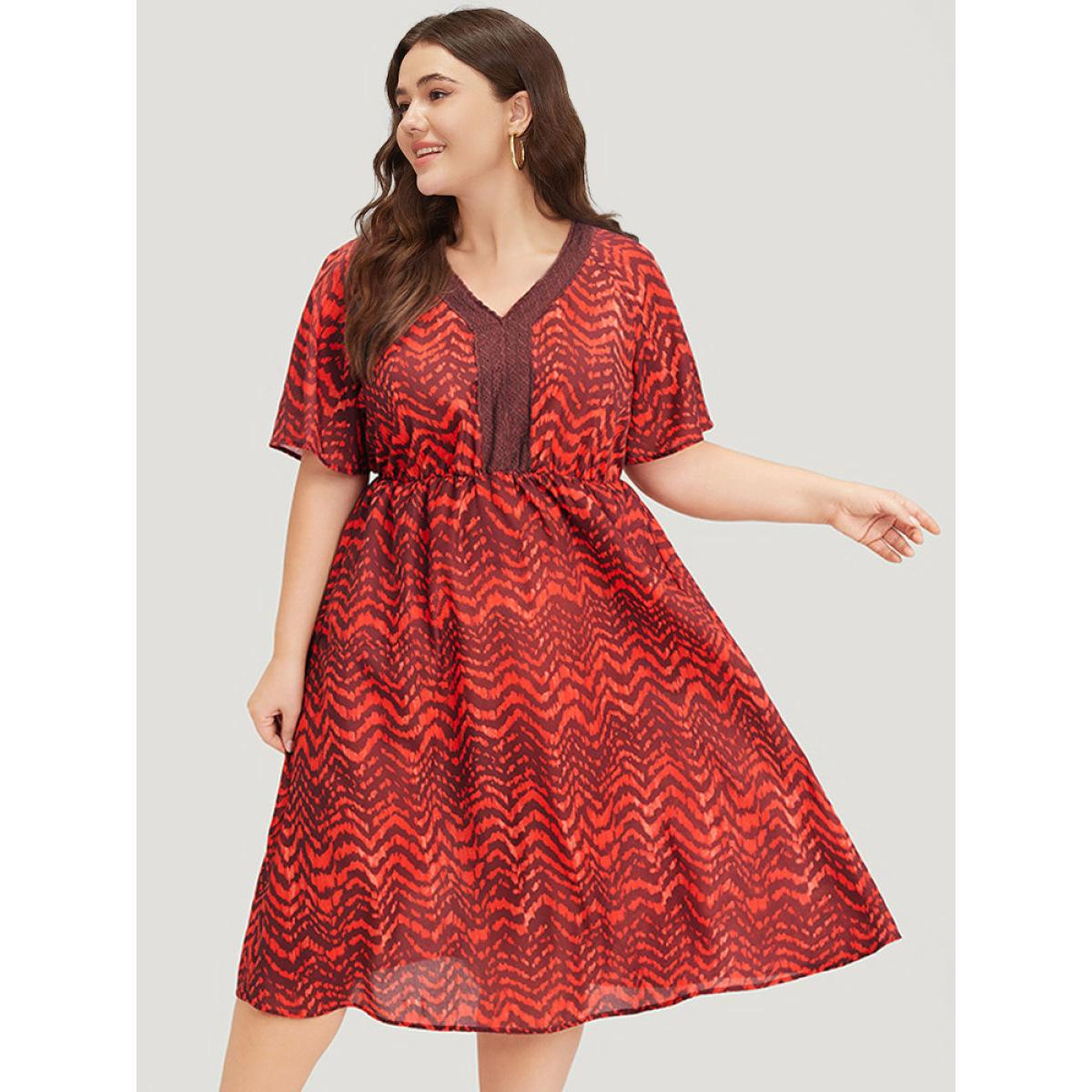 Plus Size Water Ripple Pocket Ruffle Sleeve Lace Dress Scarlet Women Elegant Gathered V-neck Short sleeve Curvy Midi Dress BloomChic 12/L Product Image