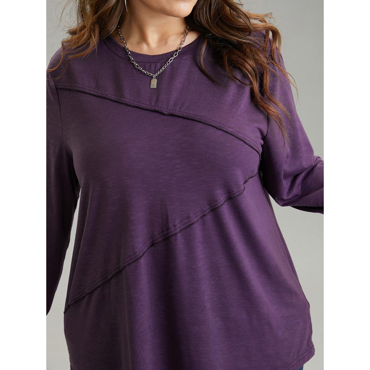 Plus Size Solid Pleated Round Neck T-shirt Purple Women Casual Plain Plain Round Neck Dailywear T-shirts BloomChic 10/M Product Image
