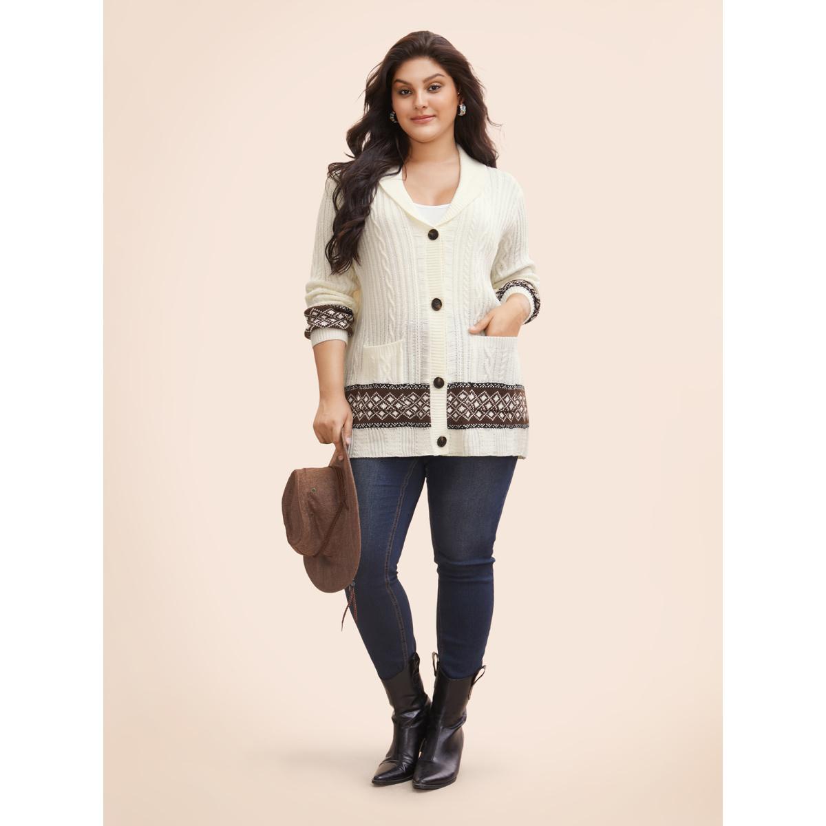 Plus Size Cable Knit Pockets Collared Cardigan Ivory Women Casual Loose Long Sleeve Everyday Cardigans BloomChic 28/5X Product Image