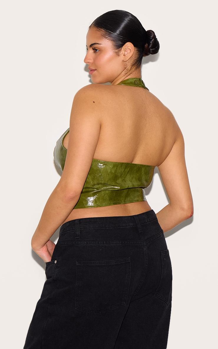 Plus Washed Olive Faux Leather Lace Up Plunge Halterneck Top Product Image