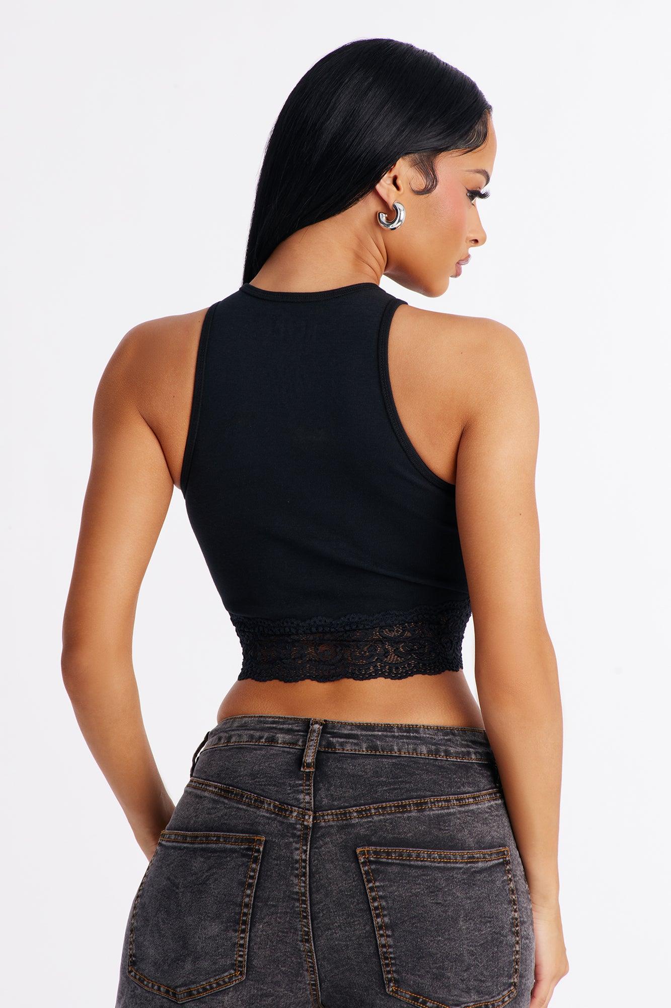 ACDC Cropped Muscle Tank With Lace Trim - Black Female Product Image