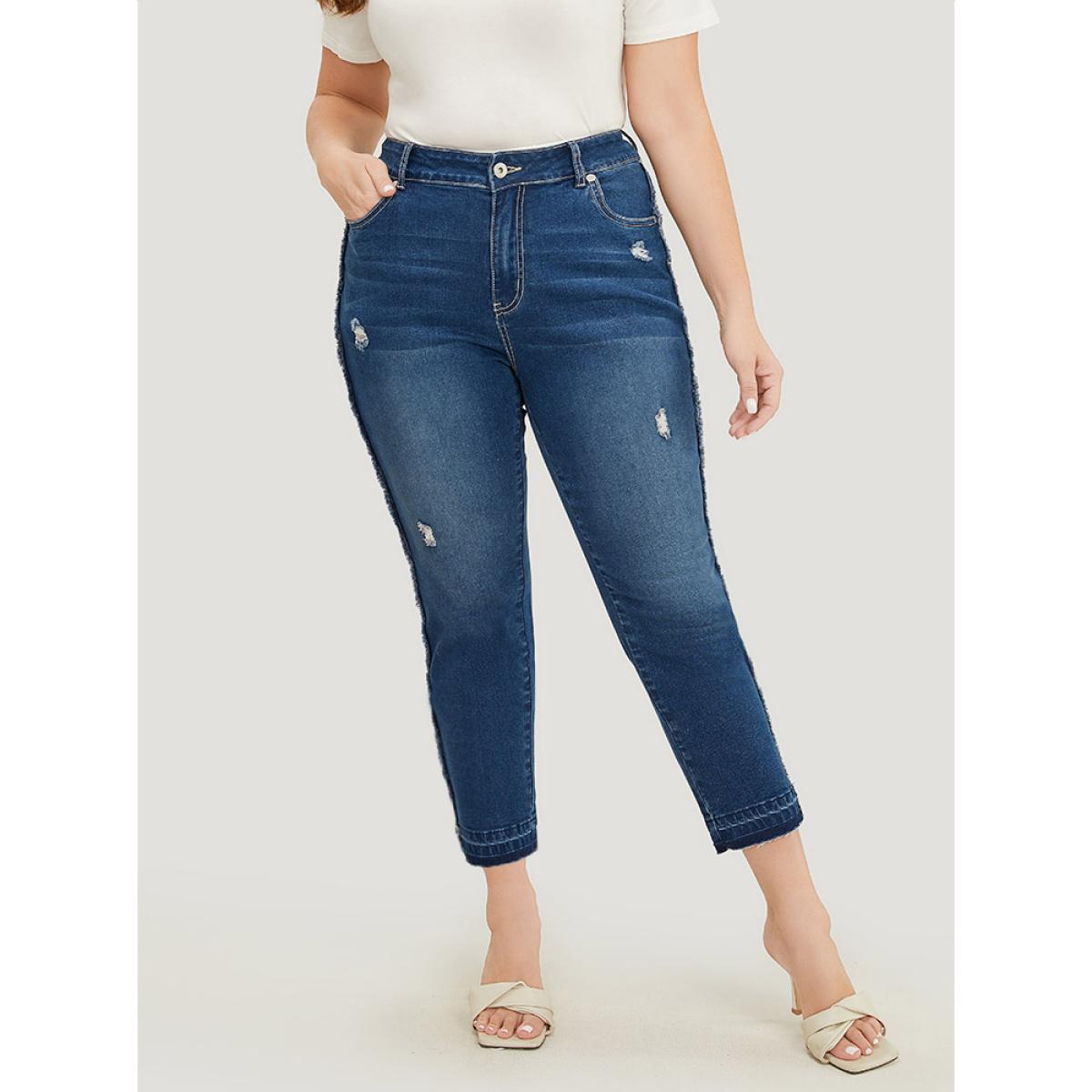 Plus Size Very Stretchy High Rise Medium Wash Raw Trim Jeans Women Blue Casual Plain Distressed High stretch Jeans BloomChic 30/6X Product Image