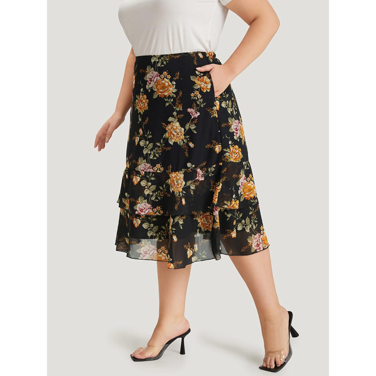 Plus Size Floral Printed Flutter Layered Skirt Women Black Elegant See through No stretch Pocket Dailywear Skirts BloomChic 12/L Product Image