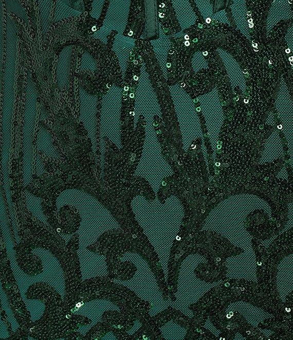 B. Darlin Patterned Sequin V-Neck Lace Up Back Front Slit Dress Product Image