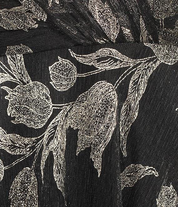 Betsy & Adam Metallic Crinkle Long-Sleeve V-Neck Floral A-Line Gown Product Image