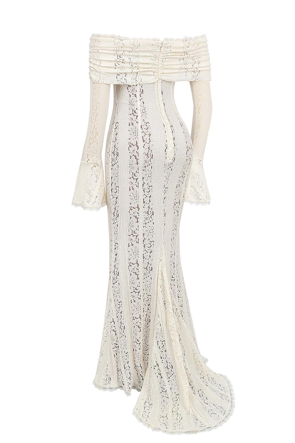 Belle  vintage cream floral lace off shoulder maxi dress Product Image