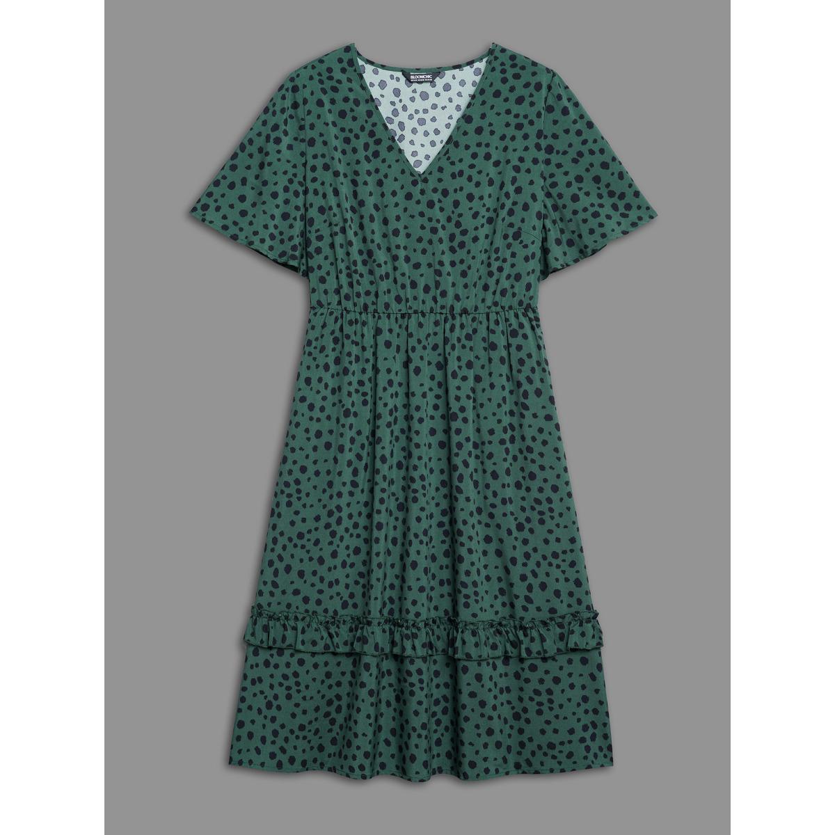 Plus Size Paint-Splatter Waist-Cinched Tiered Midi Dress Truegreen Women Elegant Frill Trim V-neck Short sleeve Curvy BloomChic 30/6X Product Image