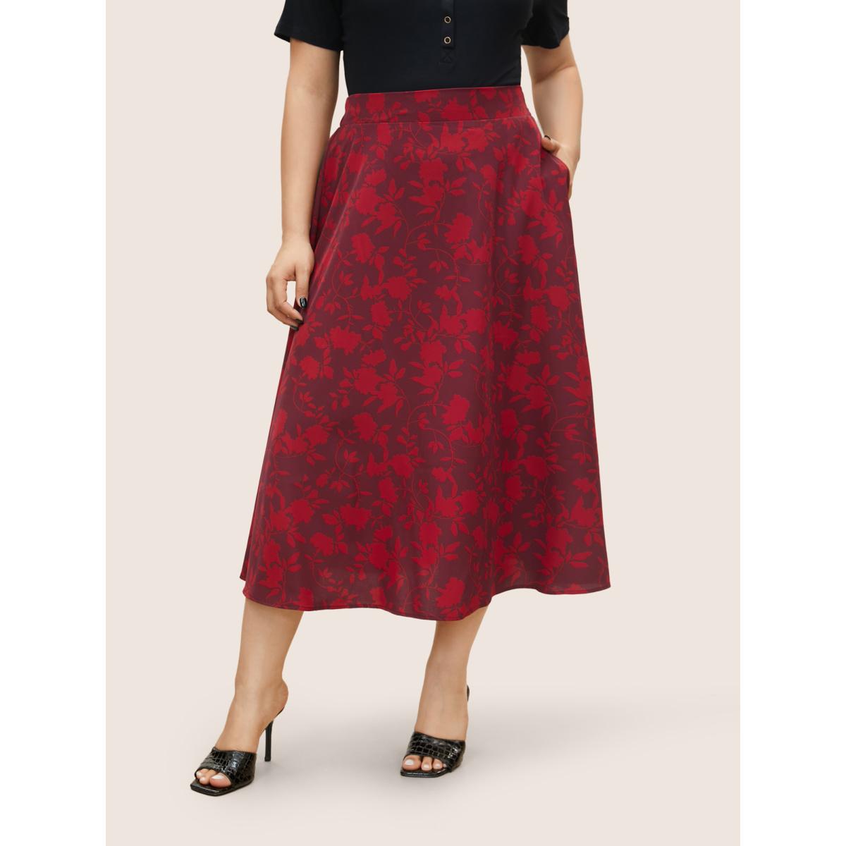 Plus Size Silhouette Floral Print Elastic Waist Pocket Cropped Skirt Women Burgundy Elegant Non No stretch Slanted pocket Everyday Skirts BloomChic 26/4X Product Image