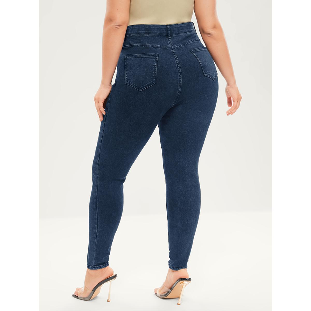 Plus Size Skinny Very Stretchy Mid Rise Dark Wash Gap Proof Jeans Women DarkBlue Office Plain Gap-proof High stretch Pocket Jeans BloomChic 30/6X Product Image
