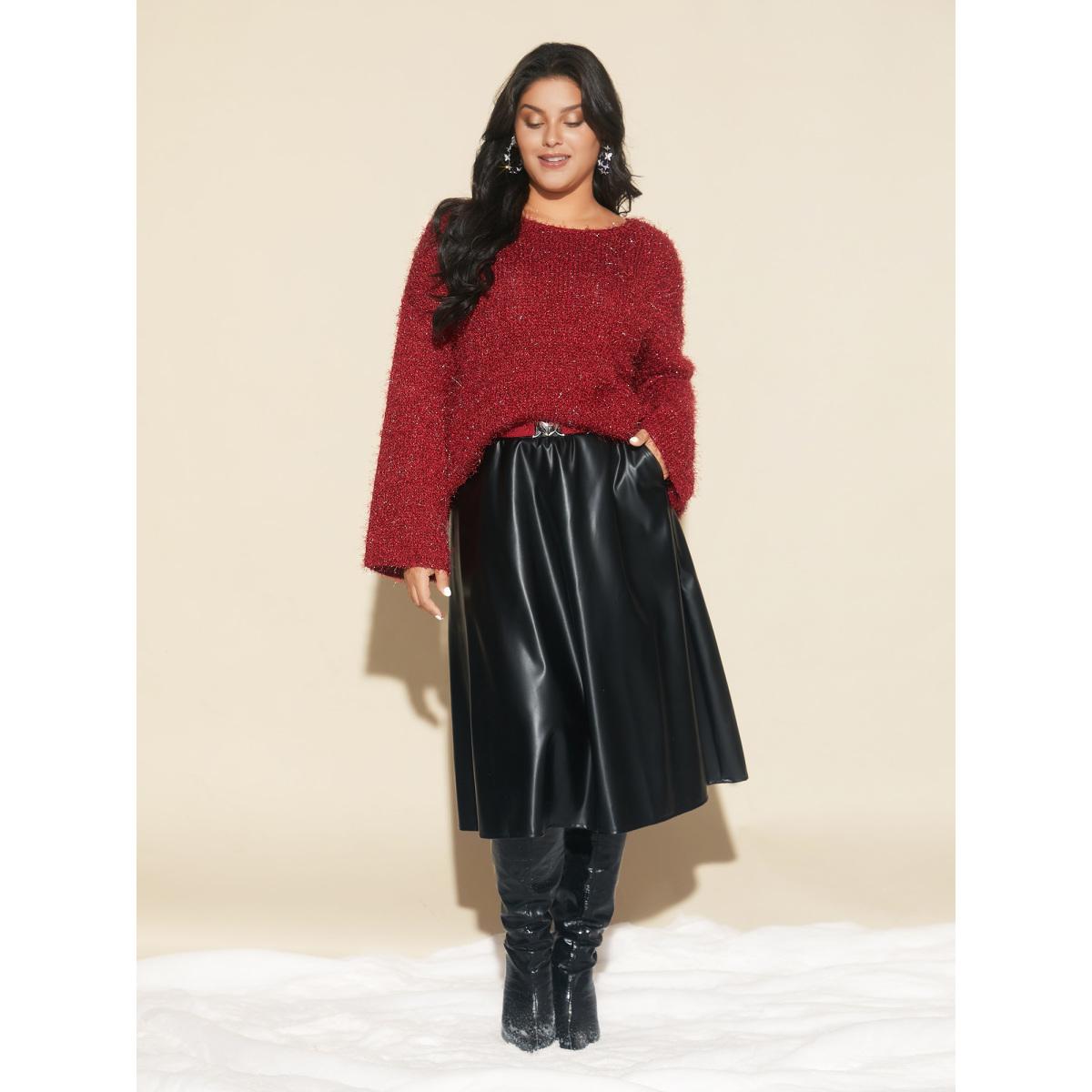 Plus Size Drop Shoulder Long Hair Yarn Pullover Scarlet Women Casual Loose Long Sleeve Round Neck Everyday Pullovers BloomChic 12/L Product Image